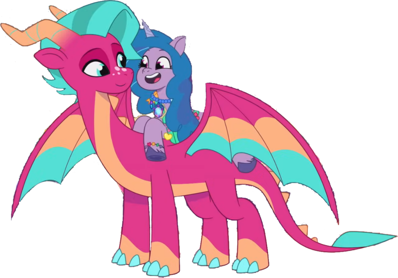 Size: 1174x822 | Tagged: safe, derpibooru import, edit, edited screencap, editor:pascalmulokozi2, screencap, izzy moonbow, dragon, pony, unicorn, g5, my little pony: tell your tale, background removed, blaize skysong, duo, duo female, female, horn, image, mare, not a vector, png, ponies riding dragons, riding, simple background, transparent background