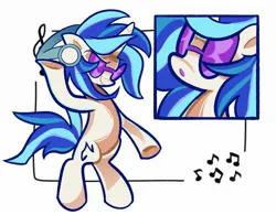 Size: 1947x1521 | Tagged: safe, artist:squidbly, artist:squidpony, derpibooru import, vinyl scratch, pony, unicorn, g4, bipedal, bust, colored pinnae, female, glasses, headphones, horn, image, jpeg, mare, music notes, open mouth, passepartout, portrait, raised hoof, simple background, smiling, solo, standing, underhoof, vinyl's glasses, white background, windswept hair