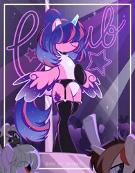 Size: 3893x5001 | Tagged: suggestive, artist:seurnik, artist:zakypo, derpibooru import, oc, oc:estella sparkle, alicorn, pony, alicorn oc, bedroom eyes, bisexual, broken horn, choker, clothes, commission, female, hair over eyes, horn, image, latex, latex socks, leonine tail, lesbian, male, mare, markings, multicolored hair, offspring, panties, parent:flash sentry, parent:twilight sparkle, parents:flashlight, png, pole, pole dancing, sign, socks, solo, solo female, solo focus, stallion, stockings, straight, strip club, stripper, stripper pole, tail, thigh highs, underwear, wings, ych result