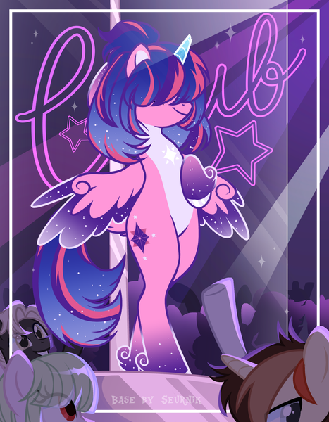 Size: 3893x5001 | Tagged: suggestive, alternate version, artist:seurnik, artist:zakypo, derpibooru import, oc, oc:estella sparkle, alicorn, pony, alicorn oc, bedroom eyes, bisexual, broken horn, commission, female, hair over eyes, horn, image, leg fluff, leonine tail, lesbian, male, mare, markings, multicolored hair, offspring, parent:flash sentry, parent:twilight sparkle, parents:flashlight, png, pole, pole dancing, sign, solo, solo female, solo focus, stallion, straight, strip club, stripper, stripper pole, tail, unshorn fetlocks, wings, ych result