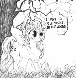 Size: 1554x1590 | Tagged: semi-grimdark, artist:sillystring, derpibooru import, applejack, earth pony, pony, g4, black and white, blushing, butt, chest fluff, cowboy hat, derpibooru exclusive, dock, edgy, feels, female, freckles, grass, grayscale, hat, image, implied suicide, jpeg, loose hair, mare, missing accessory, monochrome, newbie artist training grounds, plot, simple background, smiling, solo focus, stetson, suicidal, tail, teeth, this will end in death, this will end in tears, this will end in tears and/or death, tree, white background