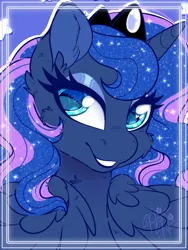 Size: 1800x2400 | Tagged: safe, artist:missbramblemele, derpibooru import, princess luna, alicorn, pony, g4, bust, cheek fluff, crown, ear fluff, ethereal mane, female, image, jewelry, mare, png, portrait, regalia, smiling, solo, starry mane