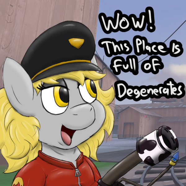 Size: 1000x1000 | Tagged: artist needed, safe, derpy hooves, /mlp/, /mlp/ tf2 general, 4chan, badwater, flamethrower, hat, image, looking to side, open mouth, png, pyro, team fortress 2, text, weapon