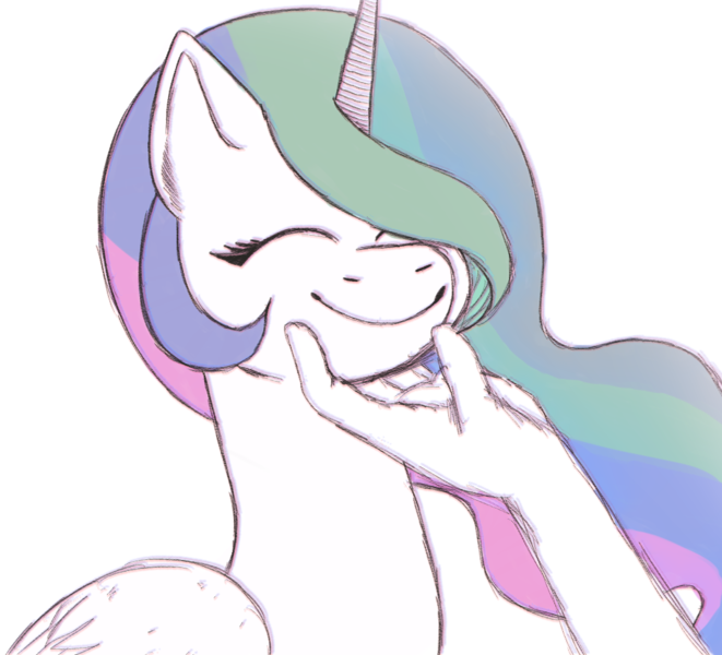 Size: 1047x951 | Tagged: safe, artist:anonymous, princess celestia, alicorn, pony, /mlp/, 4chan, chin scratch, eyes closed, female, happy, image, mare, offscreen character, png, simple background, smiling, solo, white background