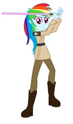 Size: 1158x1939 | Tagged: safe, artist:brightstar40k, derpibooru import, rainbow dash, human, equestria girls, g4, female, image, jedi, lightsaber, png, simple background, solo, star wars, weapon, white background