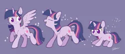 Size: 1024x446 | Tagged: safe, artist:sion, derpibooru import, twilight sparkle, twilight sparkle (alicorn), alicorn, pony, unicorn, g4, age progression, cute, female, filly, filly twilight sparkle, horn, image, japanese reading order, mare, multeity, no pupils, older, open mouth, open smile, png, progression, purple background, self paradox, self ponidox, signature, simple background, smiling, solo, sparkle sparkle sparkle, spread wings, triality, twiabetes, unicorn twilight, wings, younger