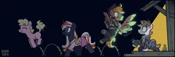 Size: 2480x816 | Tagged: safe, artist:wandrevieira1994, derpibooru import, oc, oc:calamity, oc:littlepip, oc:silver bell, oc:velvet remedy, unofficial characters only, pegasus, pony, unicorn, fallout equestria, g4, armor, bag, battle saddle, clothes, confetti, dark background, dress, female, filly, flying, foal, hat, horn, image, jumping, jumpsuit, medical saddlebag, pipbuck, png, rock farm, shrug, sitting, smiling, vault suit, walking