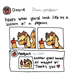 Size: 1148x1217 | Tagged: safe, artist:bvnnyface, derpibooru import, applejack, discord, earth pony, pegasus, pony, unicorn, g4, apple, bust, female, flapplejack, food, horn, image, mare, meta, png, race swap, simple background, solo, text, twitter, unicorn applejack, white background