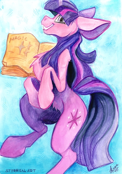 Size: 1226x1742 | Tagged: safe, artist:stirren, derpibooru import, twilight sparkle, pony, unicorn, book, cute, floppy ears, horn, image, jpeg, looking at you, smiling, traditional art