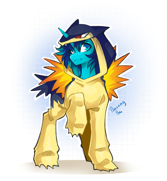 Size: 2032x2211 | Tagged: safe, artist:buvanybu, derpibooru import, oc, oc:rocky blues, unofficial characters only, pony, typhlosion, unicorn, clothes, commissioner:legionofblues, costume, horn, image, kigurumi, looking at you, png, pokémon, simple back, simple background, solo, white background