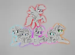 Size: 2700x2000 | Tagged: safe, artist:kathepart, derpibooru import, applejack, fluttershy, pinkie pie, rainbow dash, rarity, twilight sparkle, cookie, eating, food, gray background, image, looking at each other, looking at someone, mane six, png, simple background, spread wings, wings