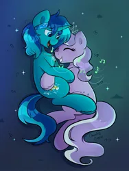 Size: 1536x2048 | Tagged: safe, artist:chaoticcr0w, derpibooru import, diamond tiara, oc, oc:rocky blues, earth pony, pony, unicorn, canon x oc, colt, commission, commissioner:legionofblues, cuddling, female, filly, foal, horn, hug, image, jpeg, male, music notes, shipping, singing