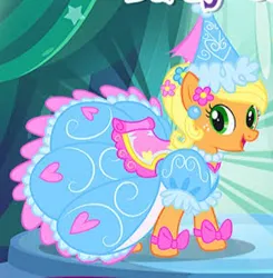 Size: 292x298 | Tagged: safe, derpibooru import, applejack, g4, look before you sleep, angry, applejack also dresses in style, beautiful, clothes, dress, dressup, froufrou glittery lacy outfit, gameloft, happy, hat, hennin, image, jpeg, princess, princess applejack, smiling