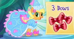 Size: 498x264 | Tagged: safe, derpibooru import, applejack, g4, look before you sleep, angry, applejack also dresses in style, beautiful, bow, clothes, dress, dressup, froufrou glittery lacy outfit, game, gameloft, happy, hat, hennin, image, jpeg, princess, princess applejack, smiling