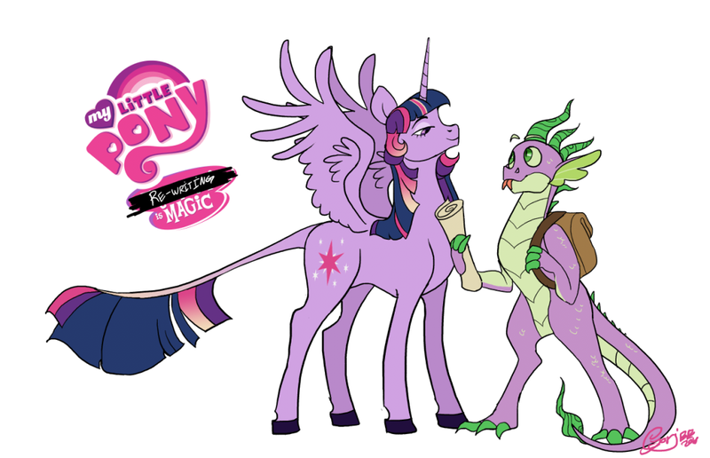 Size: 1040x671 | Tagged: safe, artist:gorjee-art, derpibooru import, spike, twilight sparkle, twilight sparkle (alicorn), alicorn, classical unicorn, dragon, pony, unicorn, g4, backpack, cloven hooves, duo, duo male and female, female, forked tongue, horn, image, leonine tail, male, mare, my little pony logo, older, older spike, png, scroll, spread wings, teenage spike, teenaged dragon, teenager, tongue out, unshorn fetlocks, wingless spike, wings