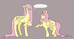 Size: 1280x681 | Tagged: safe, artist:gorjee-art, derpibooru import, fluttershy, pegasus, pony, g4, butterscotch, duo, duo male and female, female, floppy ears, germaphobe, gray background, height difference, image, male, mare, png, rule 63, self paradox, self ponidox, simple background, stallion, standing on two hooves, tallershy, trans fluttershy, trans male, transgender