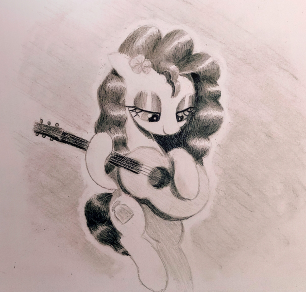 Size: 2434x2318 | Tagged: safe, artist:mizhisha, derpibooru import, pear butter, earth pony, pony, g4, female, guitar, image, looking down, mare, musical instrument, pencil drawing, png, smiling, solo, traditional art