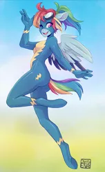 Size: 1242x2049 | Tagged: safe, artist:cherryena, derpibooru import, rainbow dash, anthro, pegasus, unguligrade anthro, ass, breasts, busty rainbow dash, butt, clothes, eye clipping through hair, female, goggles, gradient background, image, jpeg, looking at you, no nostrils, one eye closed, open mouth, open smile, rainbutt dash, sideboob, signature, skintight clothes, smiling, smiling at you, solo, spread wings, underhoof, uniform, wings, wink, winking at you, wonderbolts uniform