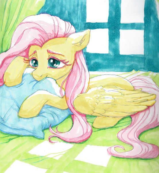 Size: 2134x2316 | Tagged: safe, artist:bcs, derpibooru import, fluttershy, pegasus, pony, g4, biting, cute, daaaaaaaaaaaw, image, jpeg, lidded eyes, lying down, marker drawing, pillow, pillow biting, prone, shyabetes, solo, traditional art, window