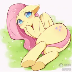 Size: 992x982 | Tagged: safe, artist:jiuzur, derpibooru import, fluttershy, pegasus, semi-anthro, blushing, butt, female, grass, hooves on cheeks, image, jpeg, looking at you, lying down, side, simple background, solo, text, white background