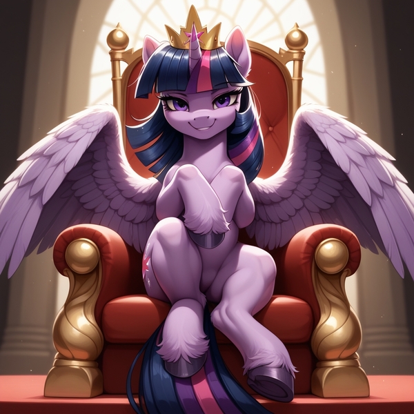 Size: 1024x1024 | Tagged: safe, ai content, derpibooru import, machine learning generated, prompter:inheat, twilight sparkle, twilight sparkle (alicorn), alicorn, pony, derpibooru exclusive, featureless crotch, female, hooves, horn, image, jewelry, jpeg, mare, palace, regalia, royalty, sexy, smiling, spread wings, tail, throne, unshorn fetlocks, window, wings