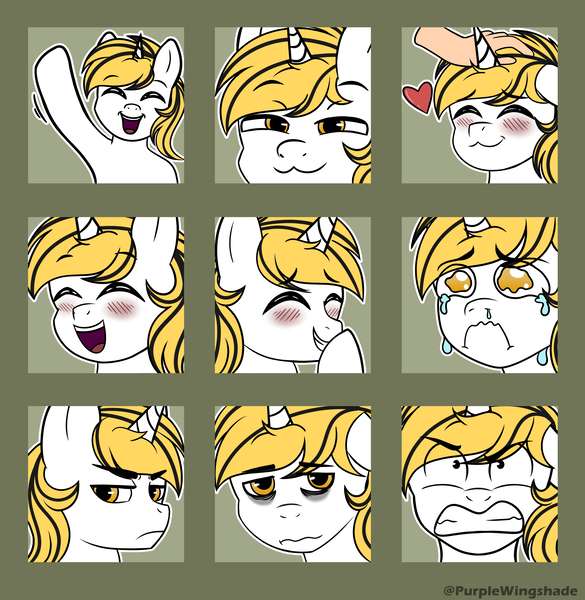 Size: 3000x3076 | Tagged: safe, artist:purple wingshade, derpibooru import, oc, oc:srok, unofficial characters only, pony, unicorn, angry, annoyed, commission, crying, emoji, emotes, exhausted, giggling, horn, image, laughing, petting, png, smug, solo, tired, tired eyes, wave, ych result