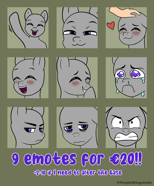 Size: 3000x3620 | Tagged: safe, artist:purple wingshade, derpibooru import, oc, unofficial characters only, pony, advertisement, angry, annoyed, commission, crying, emoji, exhausted, giggling, happy, image, laughing, petting, png, sad, smug, solo, tired, tired eyes, waving, ych example, your character here