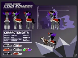 Size: 8000x5932 | Tagged: safe, derpibooru import, king sombra, pony, unicorn, g4, antagonist, armor, cape, clothes, commission, evil, evil grin, grin, horn, image, information, magic, png, reference sheet, royalty, smiling