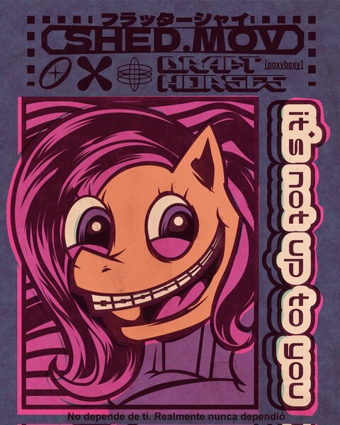 Size: 1638x2048 | Tagged: safe, artist:poxy_boxy, derpibooru import, fluttershy, pegasus, pony, .mov, shed.mov, g4, bondage, braces, female, fluttershed, image, jpeg, limited palette, mare, open mouth, open smile, smiling, solo, straitjacket, text