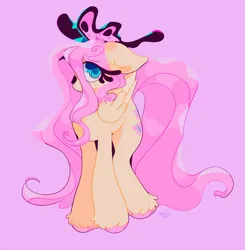 Size: 2008x2048 | Tagged: safe, artist:foxelity, derpibooru import, fluttershy, butterfly, insect, pegasus, pony, g4, blue eyes, colored hooves, eye clipping through hair, eyebrows, eyebrows visible through hair, female, folded wings, full body, high res, hooves, image, mare, pink background, pink hooves, pink mane, pink tail, png, signature, simple background, solo, tail, unshorn fetlocks, wings, yellow coat