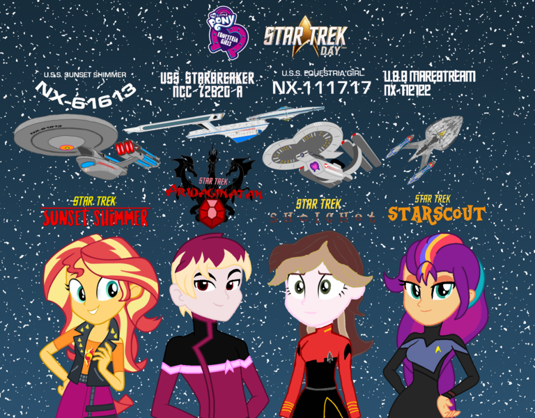 Size: 1920x1500 | Tagged: safe, artist:jrshinkansenhorse, artist:robertsonskywa1, derpibooru import, sunny starscout, sunset shimmer, oc, oc:captain becky ray shoichet, oc:starbreaker firewalker, equestria girls, g4, g5, equestria girls-ified, female, g5 to equestria girls, g5 to g4, generation leap, image, male, marestream, photo, png, star trek, star trek: aridaginatan, star trek: shoichet, star trek: starscout, star trek: sunset shimmer, starship, text, uss equestria girl, uss marestream, uss starbreaker, uss sunset shimmer