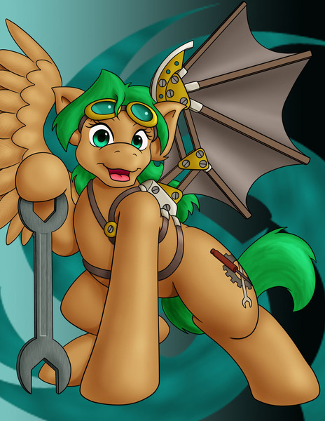 Size: 990x1280 | Tagged: safe, artist:digoraccoon, derpibooru import, oc, oc:ellie sprocket, unofficial characters only, pony, artificial wings, augmented, image, jpeg, solo, wings