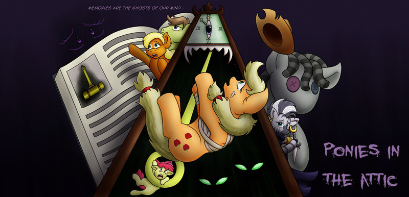 Size: 1024x494 | Tagged: safe, artist:digoraccoon, derpibooru import, apple bloom, applejack, smarty pants, zecora, pony, zebra, fanfic, fanfic art, fanfic cover, image, jpeg