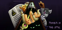 Size: 1024x494 | Tagged: safe, artist:digoraccoon, derpibooru import, apple bloom, applejack, smarty pants, zecora, pony, zebra, fanfic, fanfic art, fanfic cover, image, jpeg