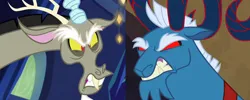 Size: 1404x563 | Tagged: safe, derpibooru import, edit, edited screencap, editor:incredibubbleirishguy, screencap, discord, grogar, draconequus, goat, sheep, dungeons and discords, frenemies (episode), g4, season 6, season 9, spoiler:s09, angry, cropped, gritted teeth, growling, grudge, hatred, image, male, png, ram, real grogar, red eyes, rivalry, side by side, snarling, split screen, teeth, two sides, vs