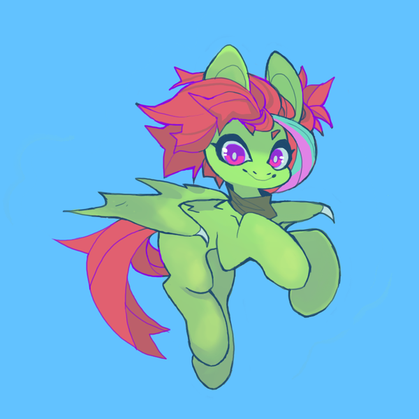 Size: 850x850 | Tagged: safe, alternate version, artist:cutesykill, derpibooru import, oc, oc:enokai, unofficial characters only, bat pony, pony, bandana, bat pony oc, bat wings, big ears, big eyes, blank flank, blue background, claws, colored eyebrows, commission, eyebrows, eyebrows visible through hair, female, green coat, image, looking at you, mare, multicolored mane, neckerchief, png, purple eyes, raised hoof, raised hooves, red mane, red tail, saturated, simple background, smiling, smiling at you, solo, spiky mane, spiky tail, spread wings, tail, thick eyelashes, two toned eyes, wing claws, wingding eyes, wings