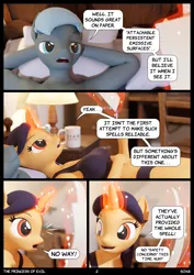 Size: 1600x2263 | Tagged: safe, artist:sox6, derpibooru import, oc, unofficial characters only, anthro, earth pony, unicorn, 3d, bed, blender, blender cycles, bra, clock, clothes, comic, female, horn, image, indoors, lamp, magic, male, mug, paper, pillow, png, telekinesis, text, underwear, watermark