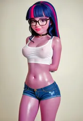 Size: 2862x4183 | Tagged: suggestive, ai content, derpibooru import, generator:civitai, machine learning generated, prompter:varveithor, sci-twi, twilight sparkle, human, equestria girls, g4, 3d, bedroom eyes, belly button, breasts, clothes, daisy dukes, erect nipples, glasses, humanized, image, jpeg, looking at you, miniskirt, photo, realistic, seductive, seductive look, sexy, shorts, skirt, small breasts, sweat