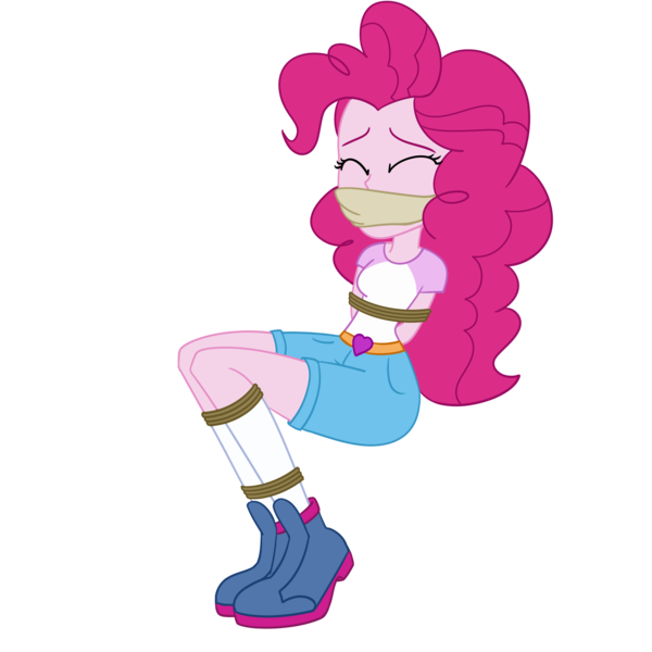 Size: 2000x2000 | Tagged: safe, artist:nie-martw-sie-o-mnie, derpibooru import, pinkie pie, human, equestria girls, g4, bondage, bound and gagged, camp everfree outfits, cloth gag, clothes, eyes closed, female, femsub, gag, image, my little pony equestria girls: legend of everfree, pinkiesub, png, rope, rope bondage, shoes, shorts, simple background, sneakers, solo, submissive, transparent background