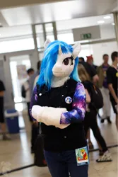 Size: 3648x5472 | Tagged: safe, artist:essorille, artist:vinylpone, derpibooru import, vinyl scratch, anthro, human, original species, plush pony, pony, unicorn, g4, animal costume, arm hooves, blue mane, clothes, convention, cosplay, costume, cute, czequestria, equine, female, furry, fursuit, hooves, horn, image, indoors, irl, irl human, jpeg, mare, messy mane, photo, plushie, ponysuit, public, purple eyes, ruffled hair, shirt, solo