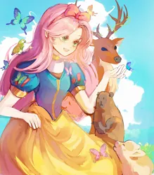 Size: 1980x2262 | Tagged: safe, artist:shansewanzi, derpibooru import, fluttershy, beaver, bird, butterfly, deer, human, insect, parrot, pig, :d, clothes, cloud, humanized, image, jpeg, long skirt, open mouth, open smile, skirt, sky, smiling, snow white, solo