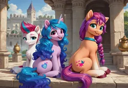 Size: 3072x2112 | Tagged: safe, ai content, derpibooru import, machine learning generated, prompter:kluknawa235, stable diffusion, izzy moonbow, sunny starscout, zipp storm, earth pony, pegasus, pony, unicorn, g5, castle, coat markings, female, horn, image, jpeg, open mouth, open smile, sitting, smiling, socks (coat marking), stairs, sunny is tall, tree, trio, trio female, wings