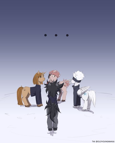 Size: 3200x4000 | Tagged: safe, artist:oldyoungman16, derpibooru import, ponified, earth pony, pegasus, pony, unicorn, ..., anime, exclamation point, female, gradient background, horn, image, jpeg, jujutsu kaisen, living cutie mark, male, mare, megumi fushiguro, nobara kugisaki, satoru gojou, speech bubble, stallion, trio, yuuji itadori