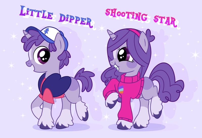 Size: 1819x1241 | Tagged: safe, artist:doodlesinky, derpibooru import, ponified, pony, unicorn, alternate universe, blank flank, braces, clothes, colt, dipper pines, duo, female, filly, foal, gravity falls, headband, horn, image, jacket, jpeg, mabel pines, male, mystery twins, siblings, sweater, twins