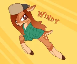 Size: 1690x1416 | Tagged: safe, artist:doodlesinky, derpibooru import, ponified, deer, deer pony, hybrid, original species, pony, alternate universe, clothes, coat markings, freckles, gravity falls, hat, image, jacket, jumping, leaping, markings, plaid shirt, png, shirt, wendy corduroy