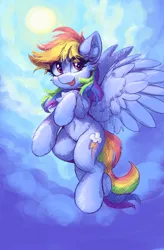 Size: 1488x2266 | Tagged: safe, artist:ravistdash, derpibooru import, rainbow dash, pegasus, belly, belly button, cloud, cutie mark, flying, full body, image, looking up, png, raised hoof, sky, smiling, solo, sun, wallpaper, wings