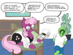 Size: 4800x3600 | Tagged: suggestive, artist:ponny, derpibooru import, cheerilee, oc, oc:anon, earth pony, human, pony, awkward, child, clipboard, clothes, colored, dress, glasses, house plant, image, lab coat, png, raised eyebrows, reading, shelf, speech bubble, teacher, teacher and student, text, younger