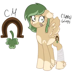 Size: 918x881 | Tagged: safe, artist:eclipsed-alienzz, derpibooru import, oc, oc:un-lucky charm, unofficial characters only, pegasus, pony, bandage, bandaged leg, bandaid, brown coat, cutie mark, green mane, image, pegasus oc, png, simple background, solo, tan coat, transparent background, wings