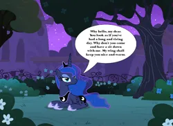 Size: 1768x1285 | Tagged: safe, artist:dashiesparkle, artist:shadowwolf, derpibooru import, princess luna, g4, bronybait, canterlot gardens, image, jpeg, lying down, night, prone, speech bubble, talking to viewer