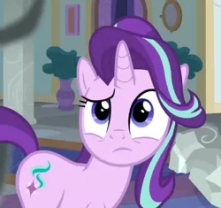 Size: 982x925 | Tagged: safe, derpibooru import, edit, edited screencap, screencap, starlight glimmer, pony, unicorn, a matter of principals, g4, season 8, spoiler:s08, confused, cropped, cute, female, horn, image, mare, picture, png, potted plant, school of friendship, smoke, solo, solo female, turned head